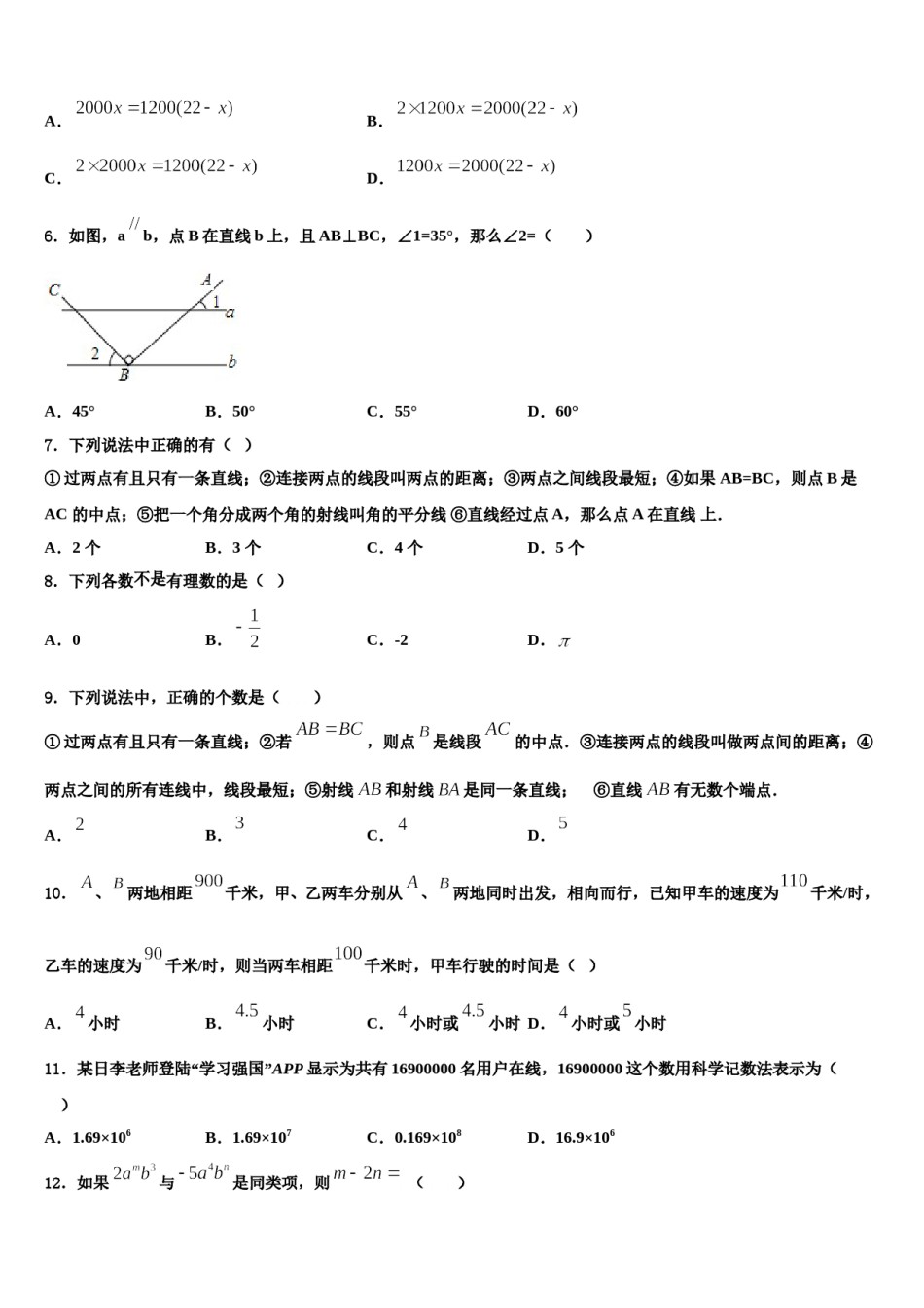 2024届吉林省通化市数学七上期末学业水平测试模拟试题含解析.doc_第2页