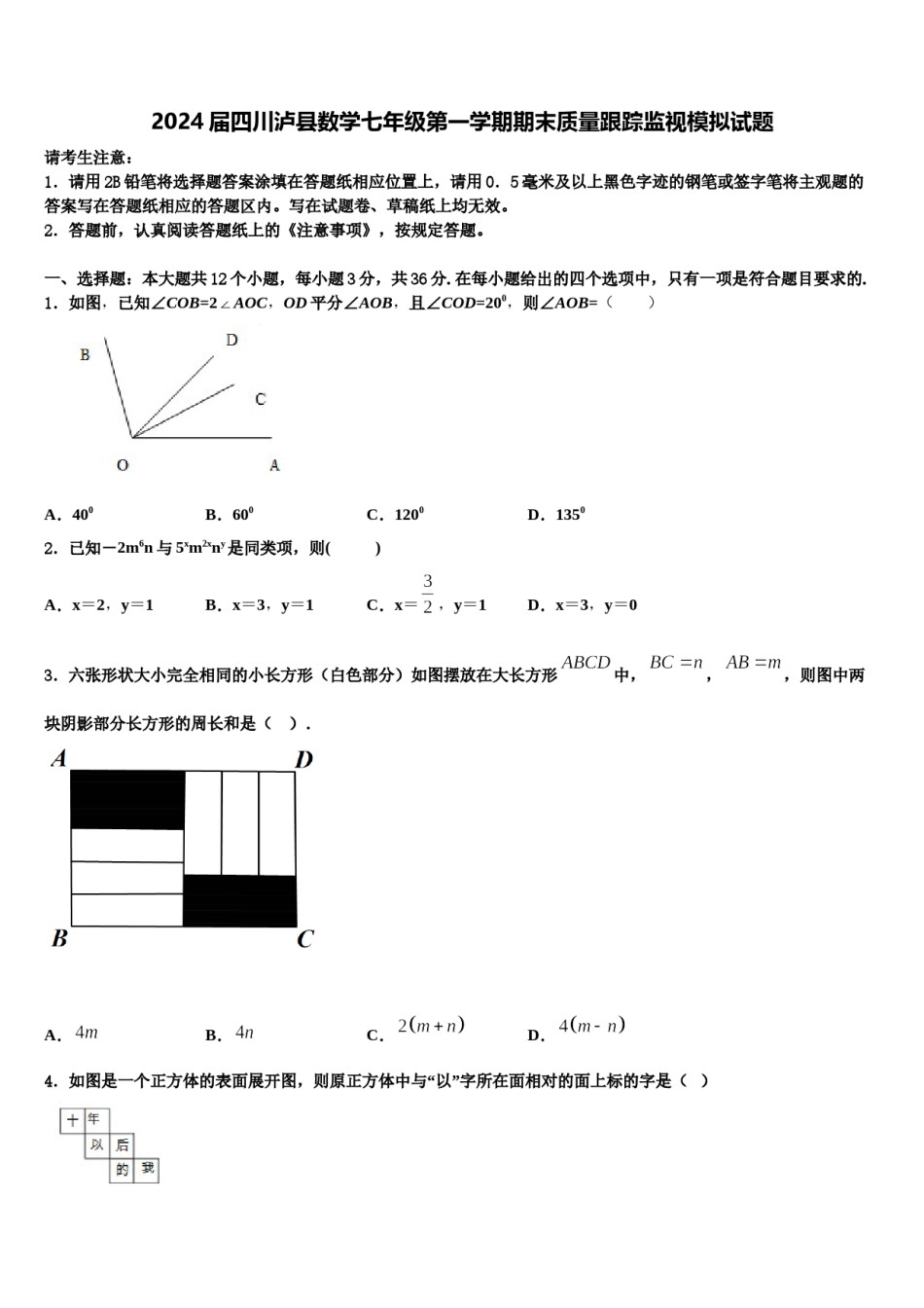 2024届四川泸县数学七年级第一学期期末质量跟踪监视模拟试题含解析.doc_第1页
