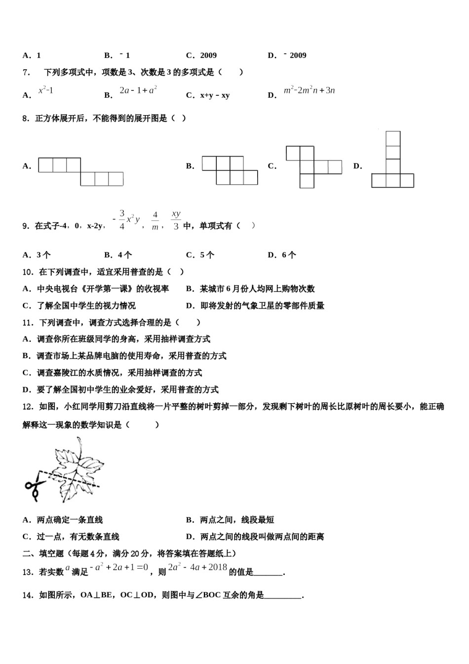 2024届四川省乐至县联考数学七上期末学业质量监测试题含解析.doc_第2页