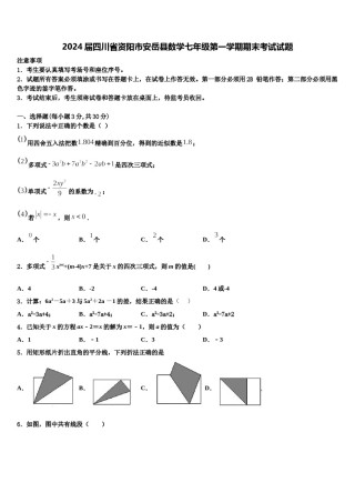 2024届四川省资阳市安岳县数学七年级第一学期期末考试试题含解析.doc