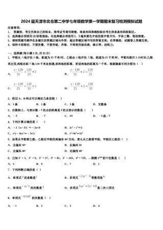 2024届天津市北仓第二中学七年级数学第一学期期末复习检测模拟试题含解析.doc