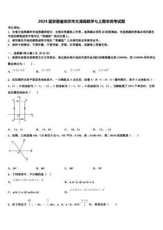 2024届安徽省安庆市太湖县数学七上期末统考试题含解析.doc