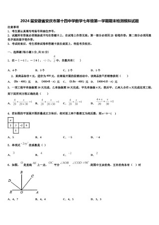 2024届安徽省安庆市第十四中学数学七年级第一学期期末检测模拟试题含解析.doc