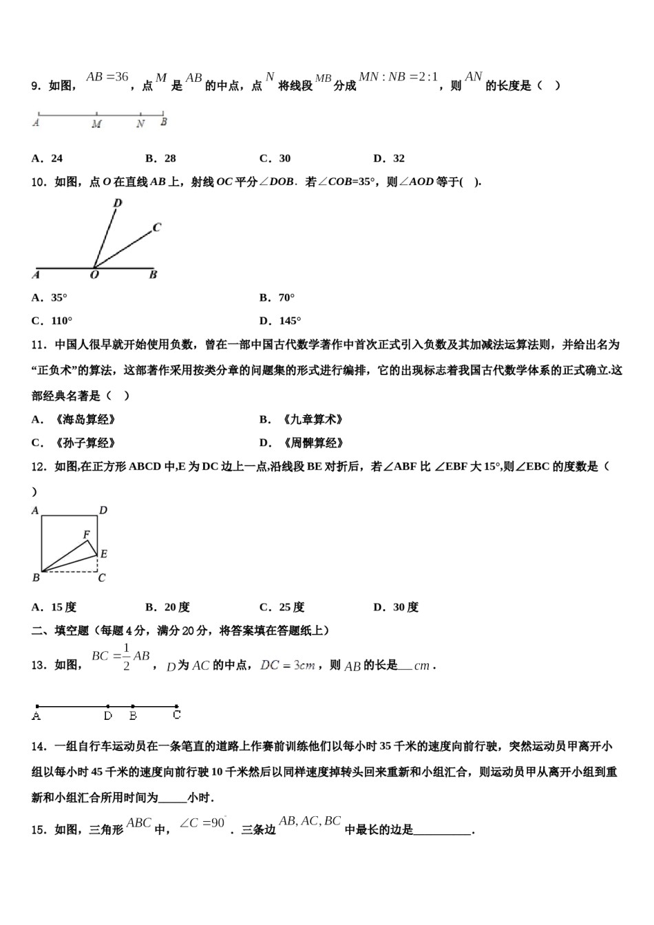 2024届安徽省滁州市定远育才学校七年级数学第一学期期末质量跟踪监视模拟试题含解析.doc_第2页