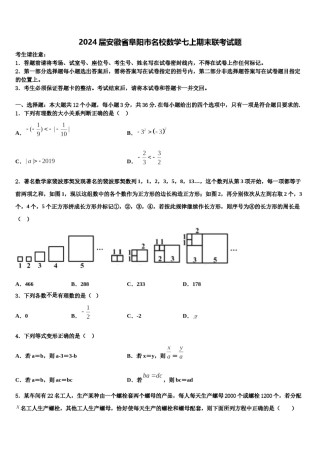 2024届安徽省阜阳市名校数学七上期末联考试题含解析.doc