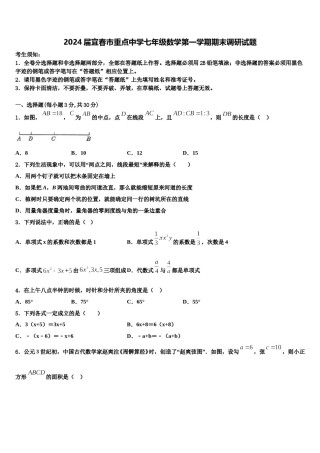 2024届宜春市重点中学七年级数学第一学期期末调研试题含解析.doc