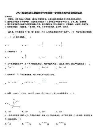2024届山东省巨野县数学七年级第一学期期末教学质量检测试题含解析.doc
