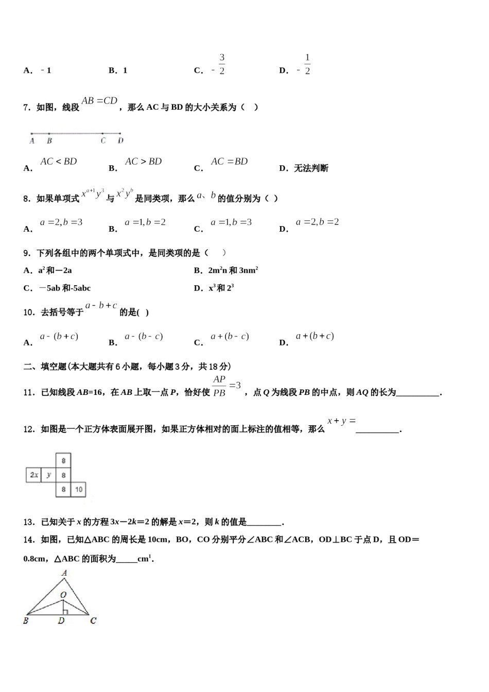 2024届山东省淄博市临淄区召口乡中学数学七上期末达标检测试题含解析.doc_第2页