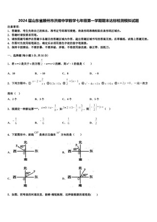 2024届山东省滕州市洪绪中学数学七年级第一学期期末达标检测模拟试题含解析.doc