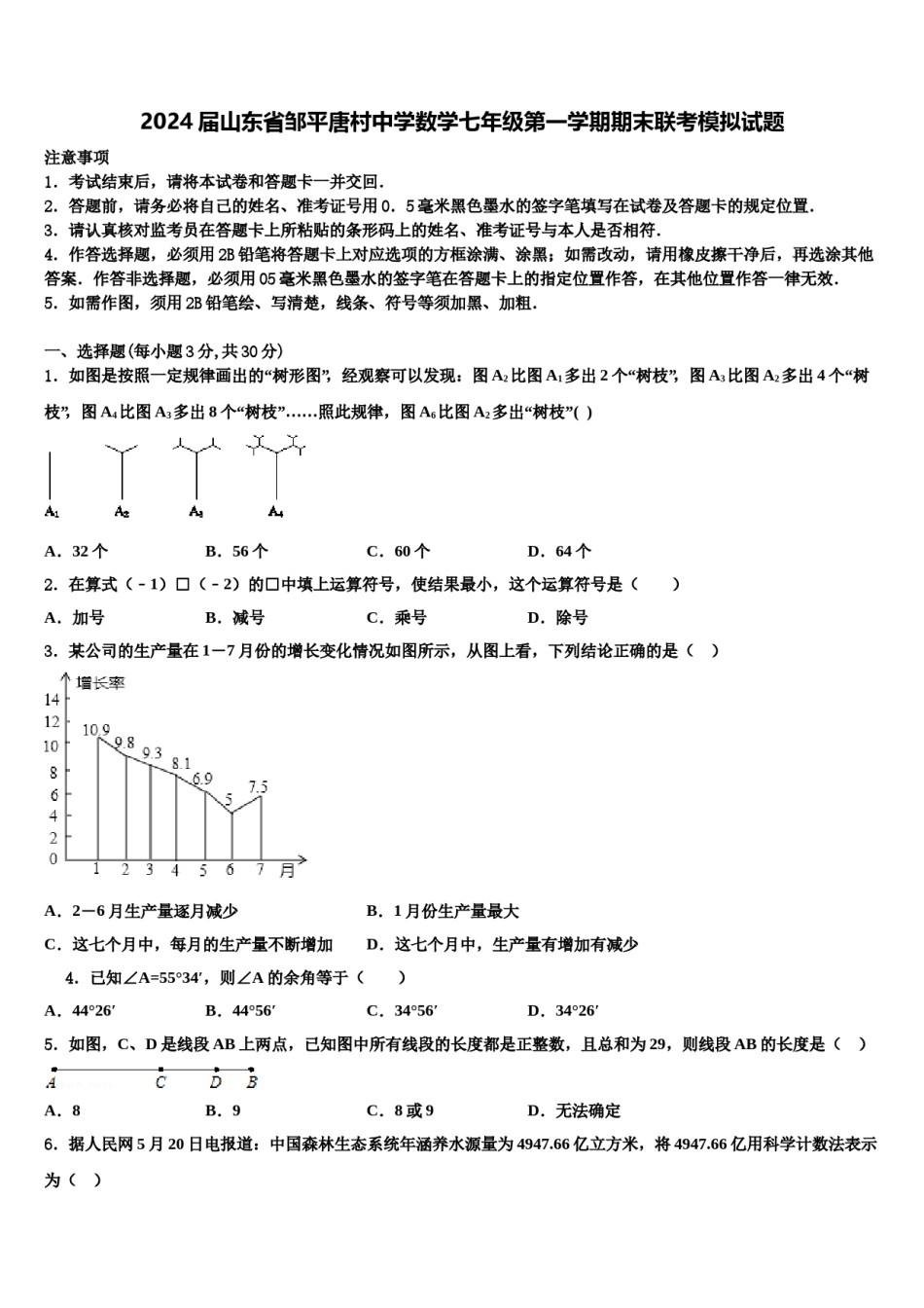 2024届山东省邹平唐村中学数学七年级第一学期期末联考模拟试题含解析.doc_第1页