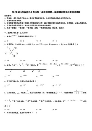 2024届山东省青岛十五中学七年级数学第一学期期末学业水平测试试题含解析.doc