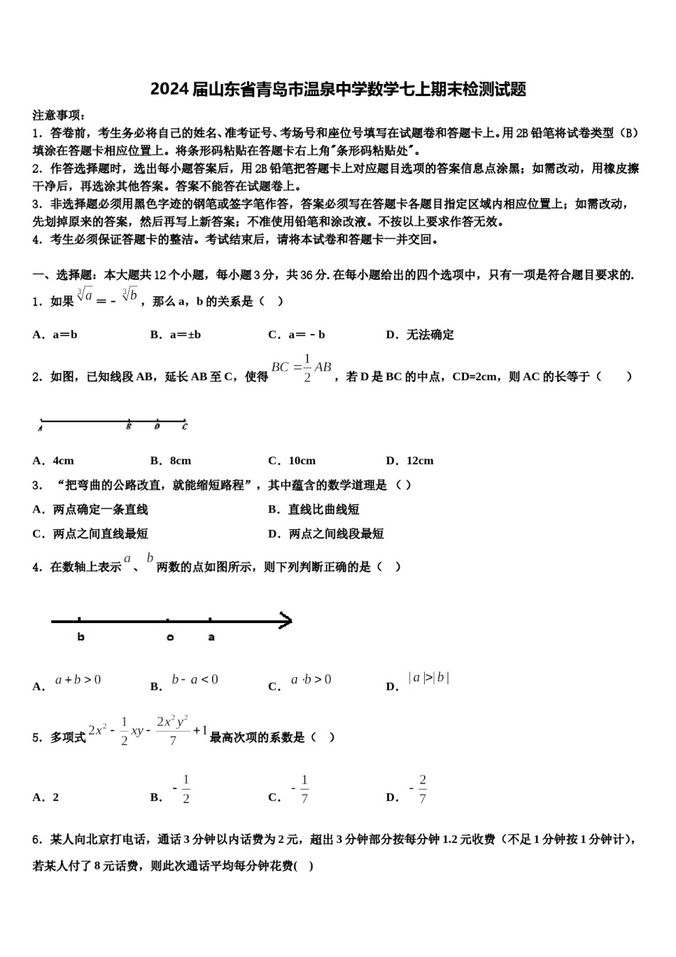 2024届山东省青岛市温泉中学数学七上期末检测试题含解析.doc_第1页