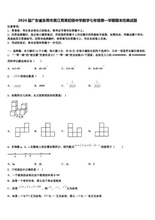 2024届广东省东莞市黄江育英初级中学数学七年级第一学期期末经典试题含解析.doc
