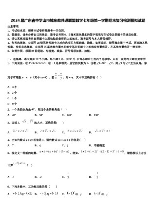 2024届广东省中学山市城东教共进联盟数学七年级第一学期期末复习检测模拟试题含解析.doc