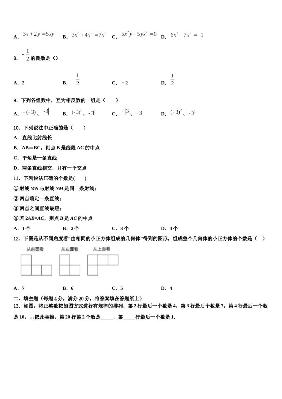 2024届广东省湛江二中学港城中学数学七上期末达标检测试题含解析.doc_第2页