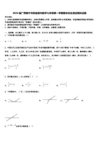 2024届广西南宁市防城港市数学七年级第一学期期末综合测试模拟试题含解析.doc