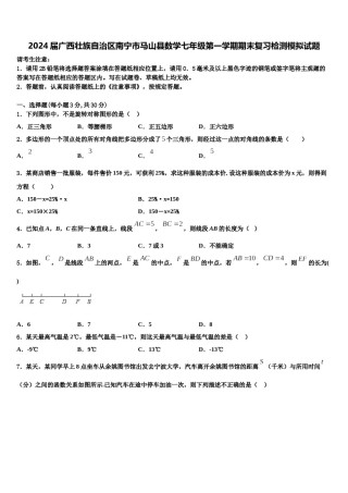 2024届广西壮族自治区南宁市马山县数学七年级第一学期期末复习检测模拟试题含解析.doc