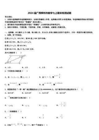 2024届广西柳州市数学七上期末检测试题含解析.doc