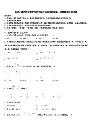2024届江苏省南京市部分学校七年级数学第一学期期末检测试题含解析.doc