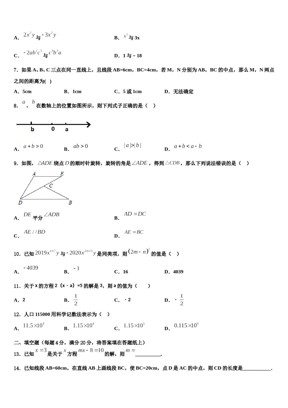 2024届江苏省南京树人中学七年级数学第一学期期末学业水平测试模拟试题含解析.doc_第2页