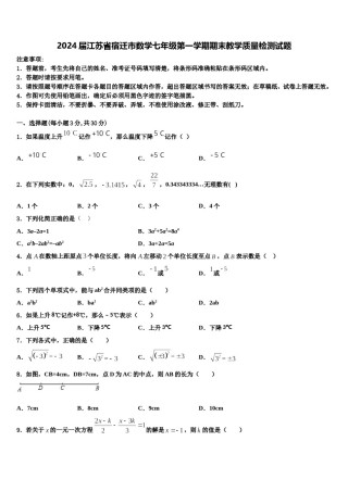 2024届江苏省宿迁市数学七年级第一学期期末教学质量检测试题含解析.doc