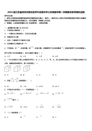 2024届江苏省常州市新北区奔牛初级中学七年级数学第一学期期末联考模拟试题含解析.doc