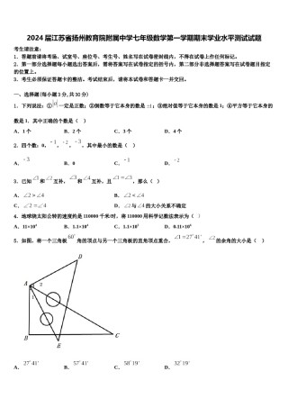 2024届江苏省扬州教育院附属中学七年级数学第一学期期末学业水平测试试题含解析.doc