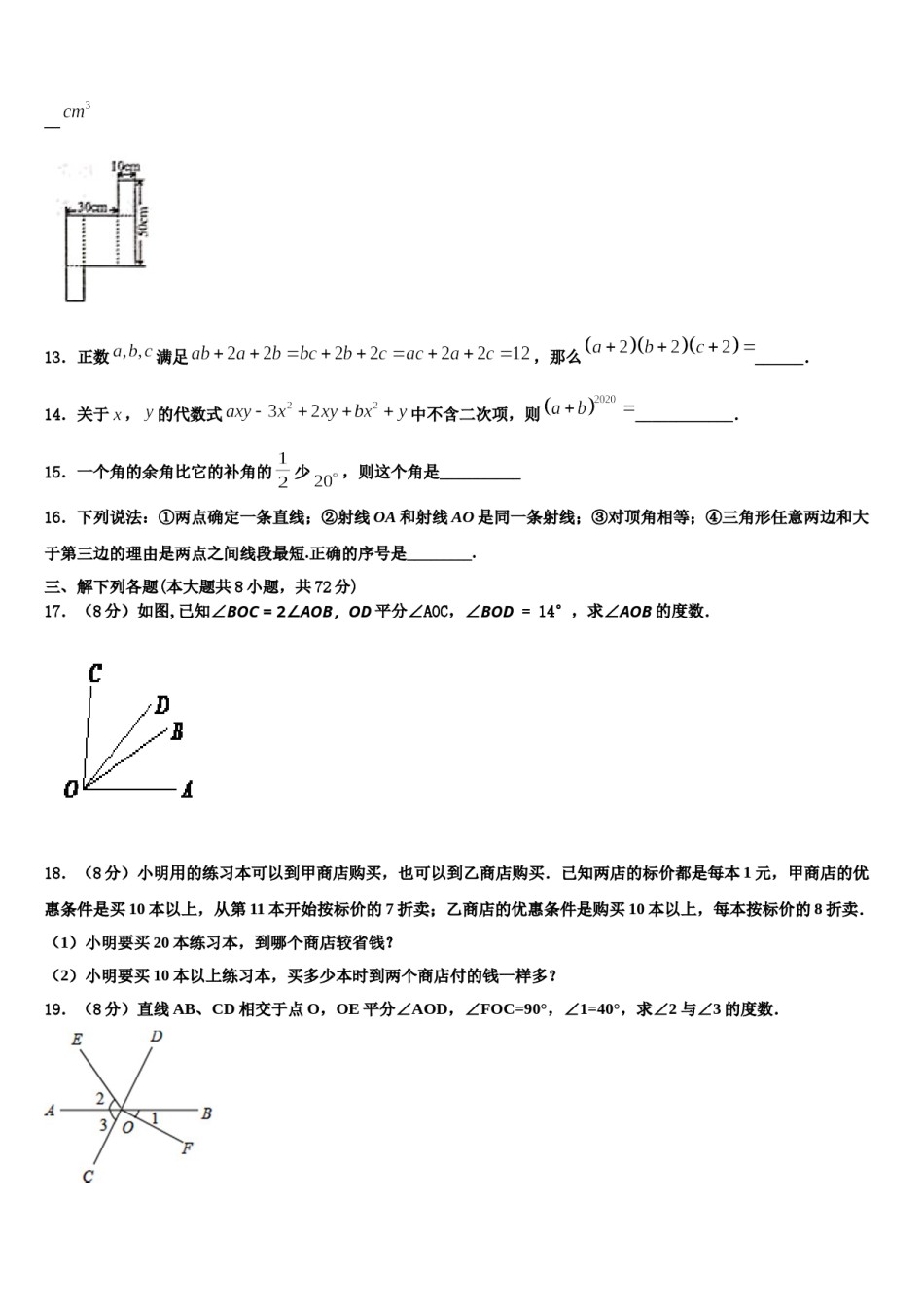 2024届江苏省江阴市暨阳中学七年级数学第一学期期末质量检测试题含解析.doc_第3页