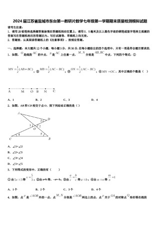 2024届江苏省盐城市东台第一教研片数学七年级第一学期期末质量检测模拟试题含解析.doc