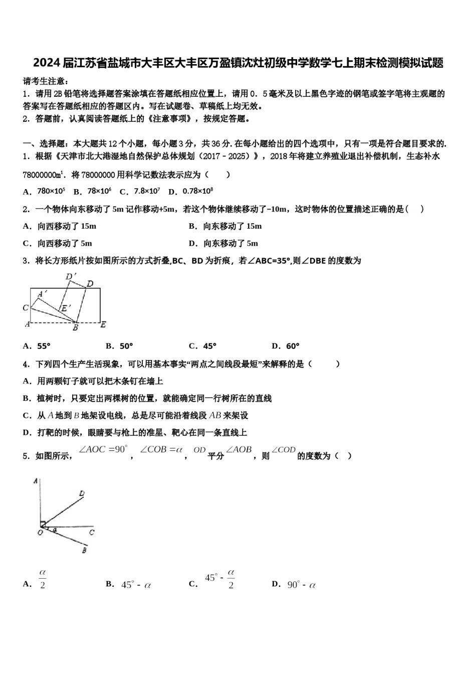 2024届江苏省盐城市大丰区大丰区万盈镇沈灶初级中学数学七上期末检测模拟试题含解析.doc_第1页