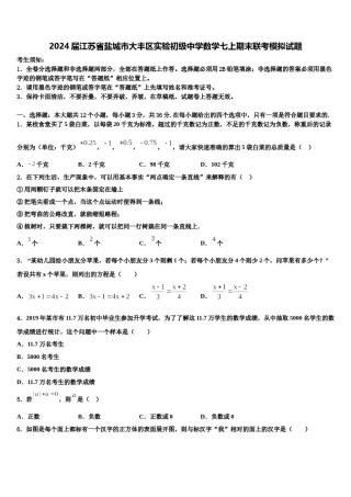2024届江苏省盐城市大丰区实验初级中学数学七上期末联考模拟试题含解析.doc