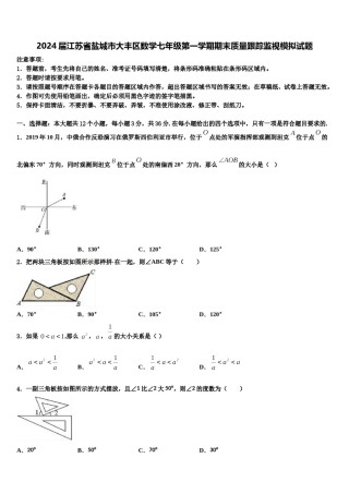 2024届江苏省盐城市大丰区数学七年级第一学期期末质量跟踪监视模拟试题含解析.doc