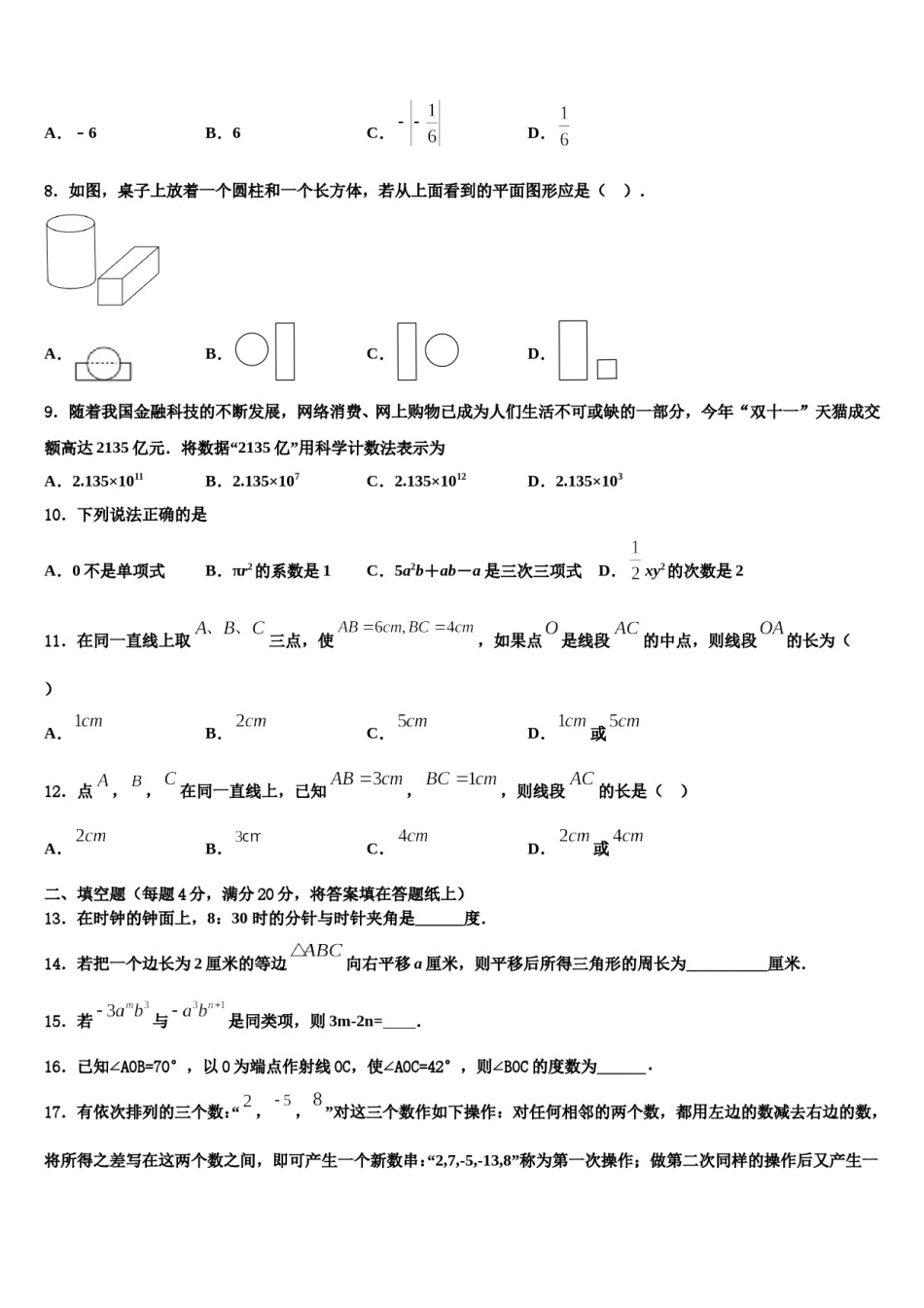 2024届江苏省盐城市射阳县七年级数学第一学期期末教学质量检测模拟试题含解析.doc_第2页