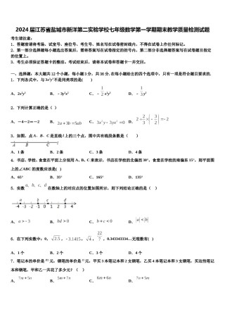 2024届江苏省盐城市新洋第二实验学校七年级数学第一学期期末教学质量检测试题含解析.doc