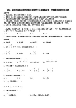 2024届江苏省盐城市新洋第二实验学校七年级数学第一学期期末调研模拟试题含解析.doc
