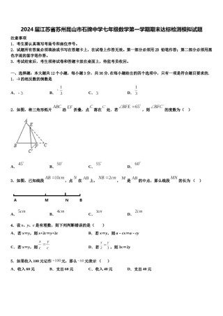 2024届江苏省苏州昆山市石牌中学七年级数学第一学期期末达标检测模拟试题含解析.doc