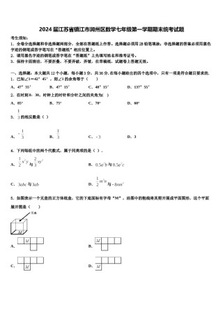 2024届江苏省镇江市润州区数学七年级第一学期期末统考试题含解析.doc
