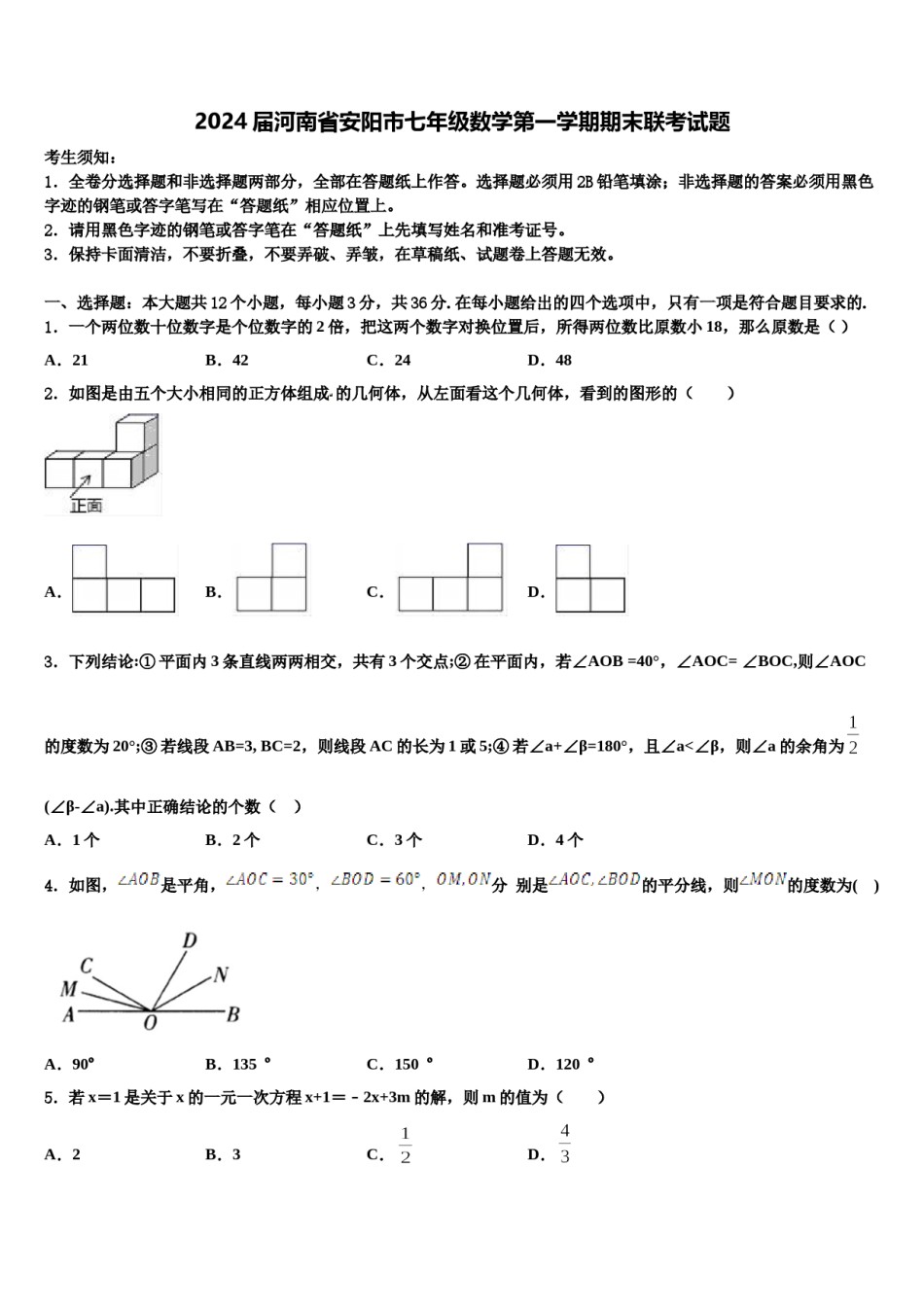 2024届河南省安阳市七年级数学第一学期期末联考试题含解析.doc_第1页