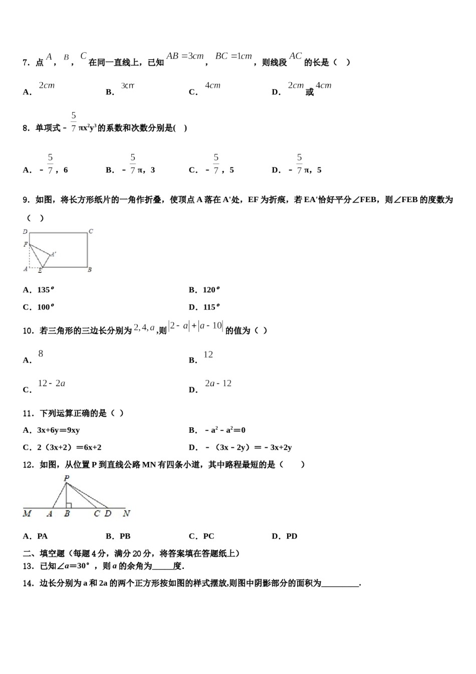 2024届河南省安阳市正一中学七年级数学第一学期期末联考试题含解析.doc_第2页