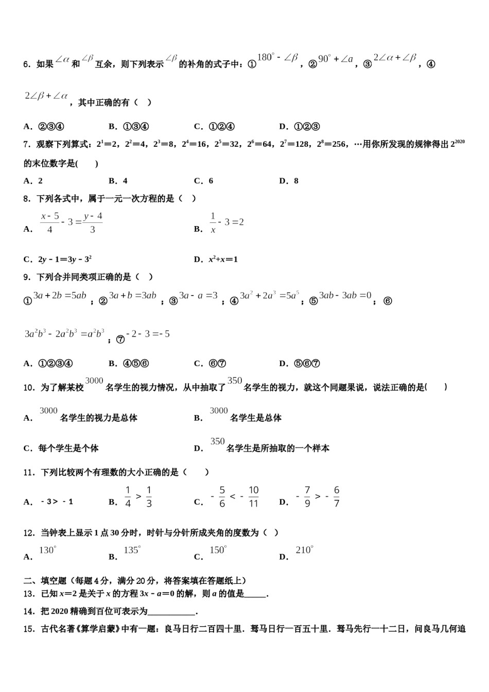 2024届河南省桐柏县数学七年级第一学期期末经典试题含解析.doc_第2页