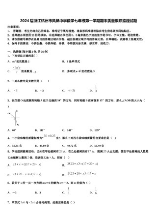 2024届浙江杭州市风帆中学数学七年级第一学期期末质量跟踪监视试题含解析.doc