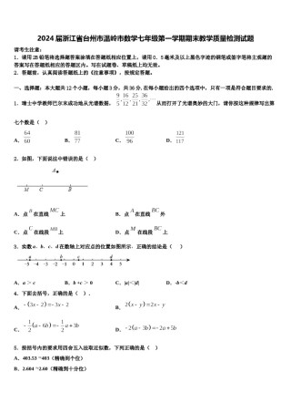2024届浙江省台州市温岭市数学七年级第一学期期末教学质量检测试题含解析.doc