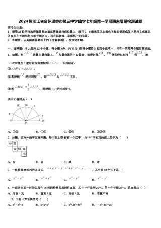 2024届浙江省台州温岭市第三中学数学七年级第一学期期末质量检测试题含解析.doc