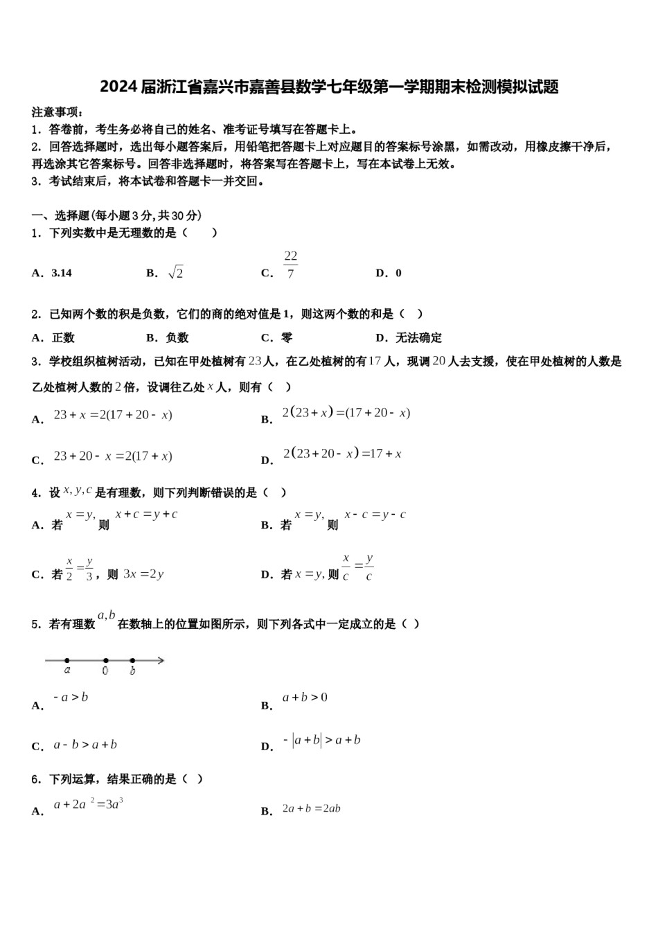 2024届浙江省嘉兴市嘉善县数学七年级第一学期期末检测模拟试题含解析.doc_第1页