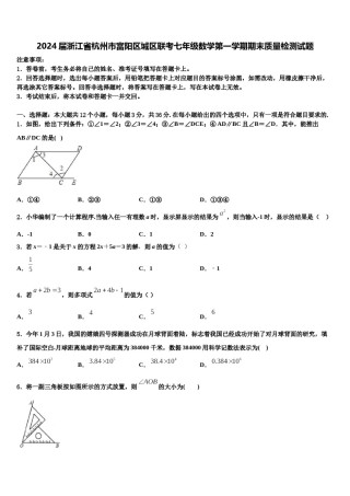 2024届浙江省杭州市富阳区城区联考七年级数学第一学期期末质量检测试题含解析.doc