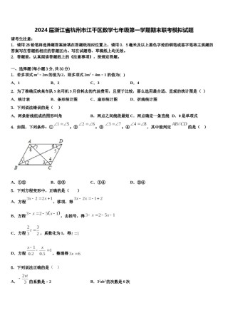 2024届浙江省杭州市江干区数学七年级第一学期期末联考模拟试题含解析.doc