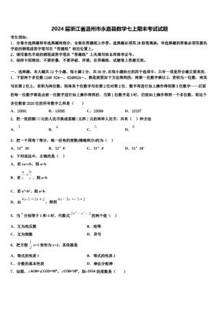 2024届浙江省温州市永嘉县数学七上期末考试试题含解析.doc
