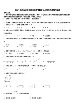 2024届浙江省湖州德清县联考数学七上期末考试模拟试题含解析.doc