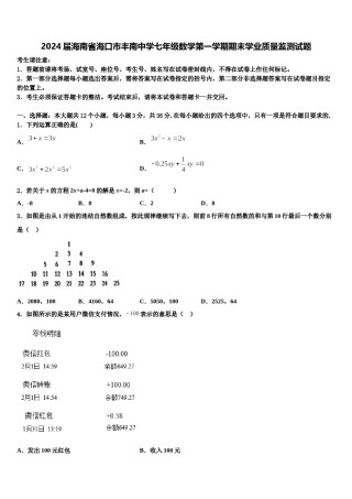2024届海南省海口市丰南中学七年级数学第一学期期末学业质量监测试题含解析.doc