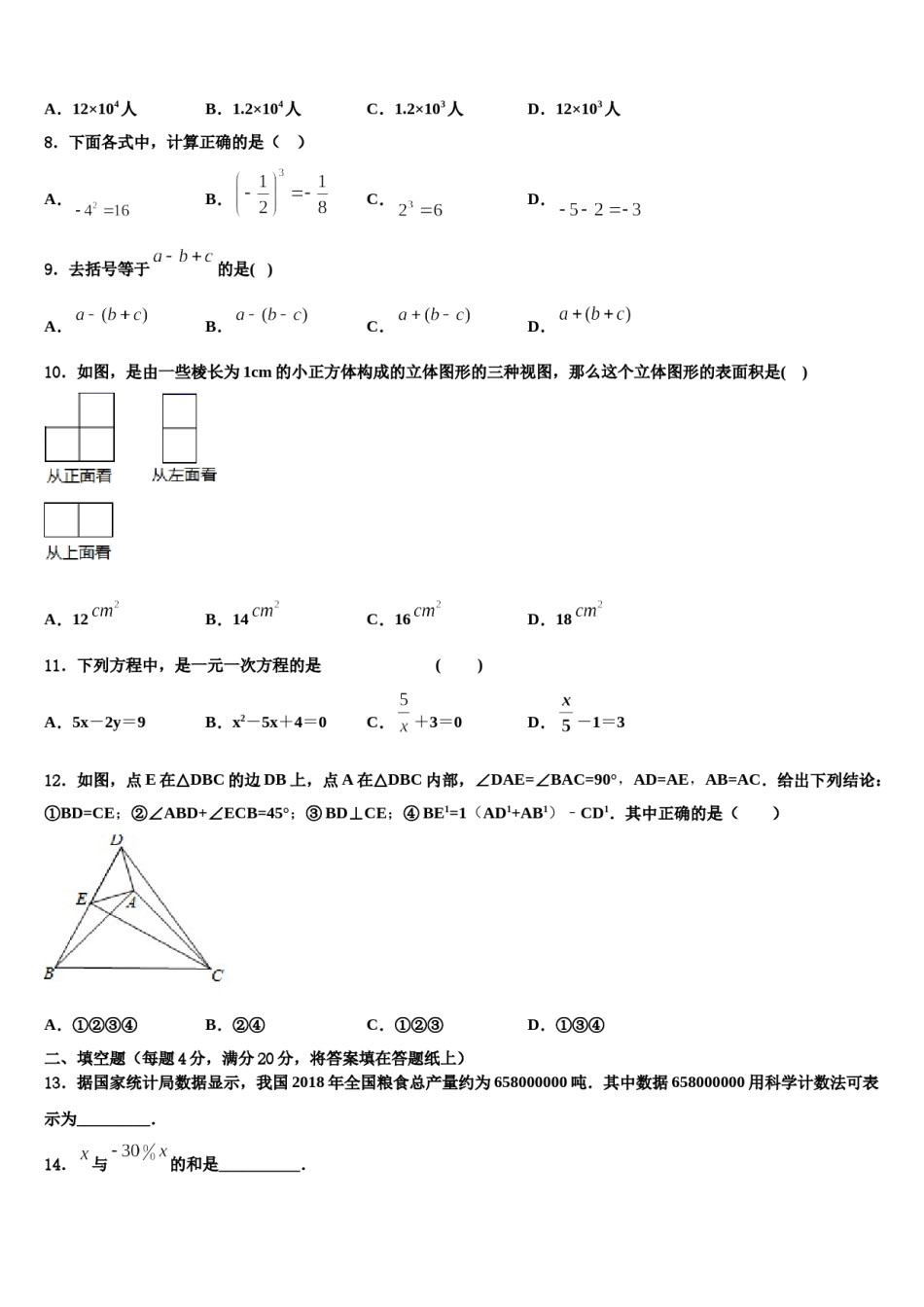 2024届湖北省天门市七年级数学第一学期期末调研试题含解析.doc_第2页